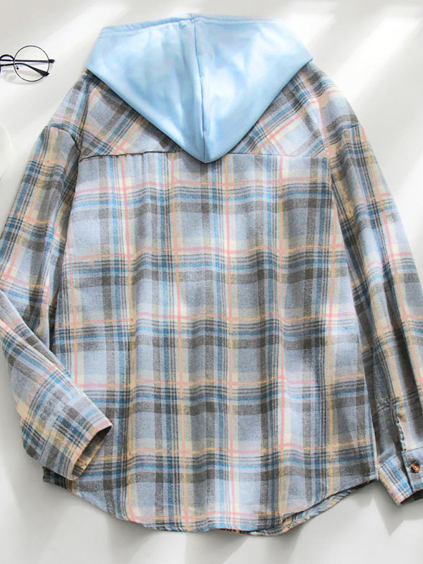 Women's Hooded Button-Down Plaid Shirt Jacket in 5 Colors S-XXL