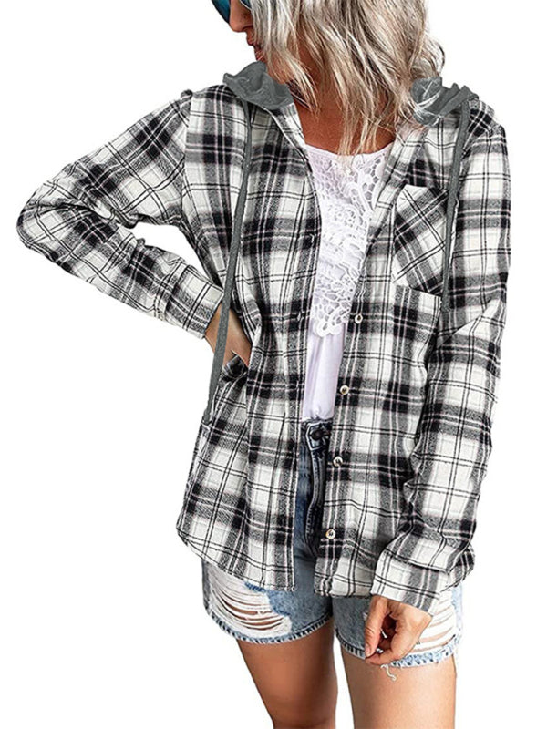 Women's Hooded Button-Down Plaid Shirt Jacket in 5 Colors S-XXL