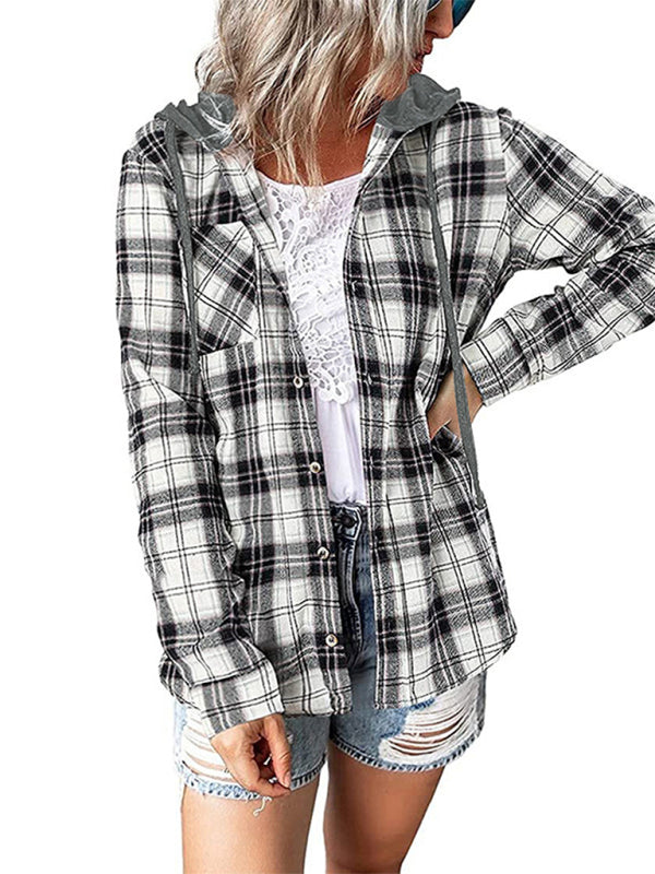 Women's Hooded Button-Down Plaid Shirt Jacket in 5 Colors S-XXL