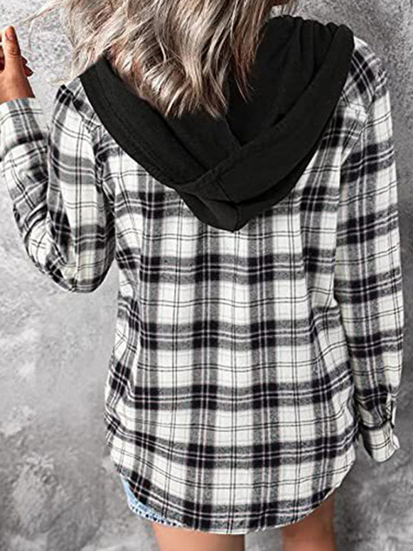 Women's Hooded Button-Down Plaid Shirt Jacket in 5 Colors S-XXL