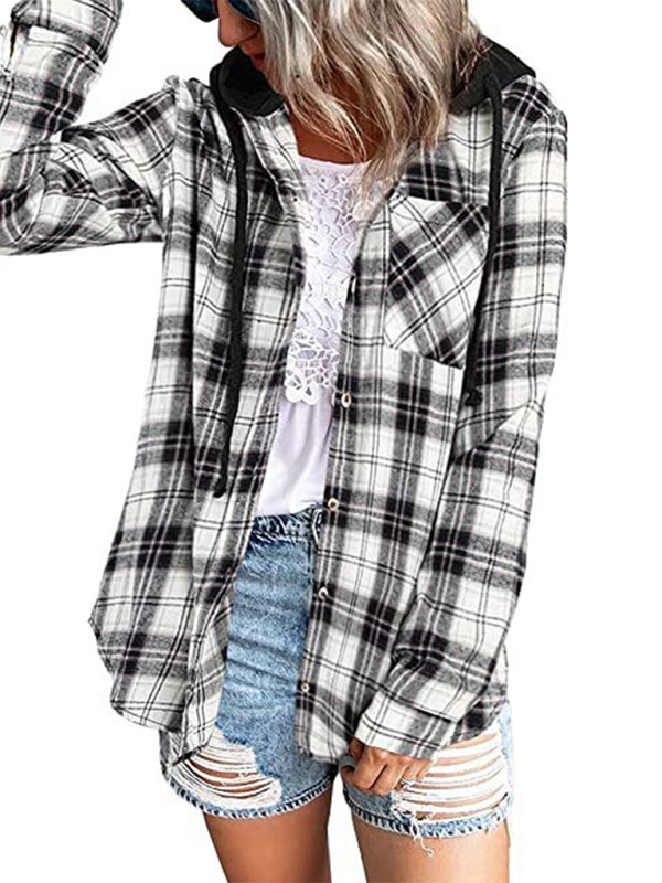 Women's Hooded Button-Down Plaid Shirt Jacket in 5 Colors S-XXL