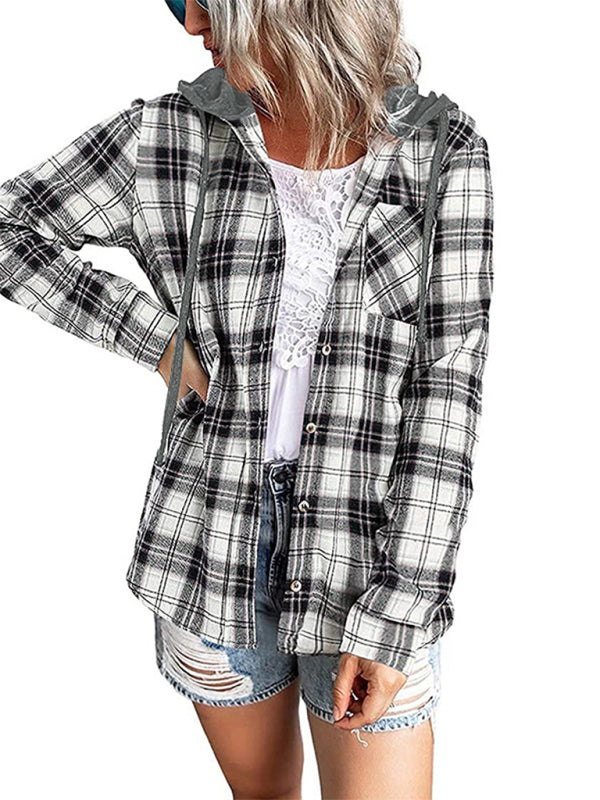 Women's Hooded Button-Down Plaid Shirt Jacket in 5 Colors S-XXL