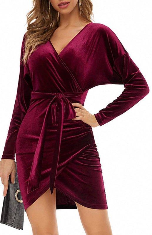 Women’s V-Neck Slim-Fit Long Sleeve Velvet Dress