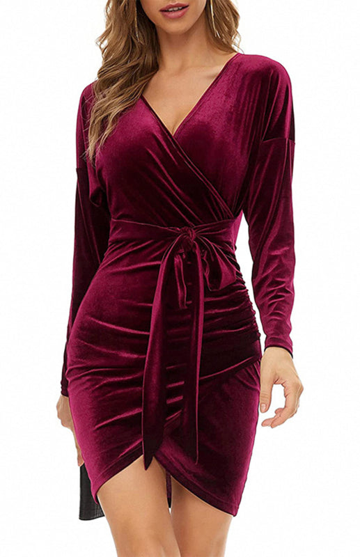 Women’s V-Neck Slim-Fit Long Sleeve Velvet Dress