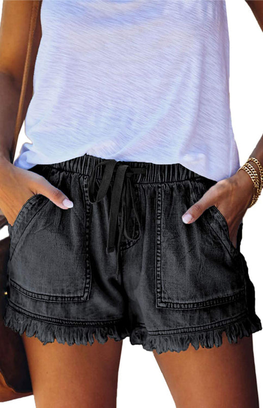Women's Elastic Waist Denim Shorts with Pockets and Raw Hem Dark Grey Size 8 - Wazzi's Wear