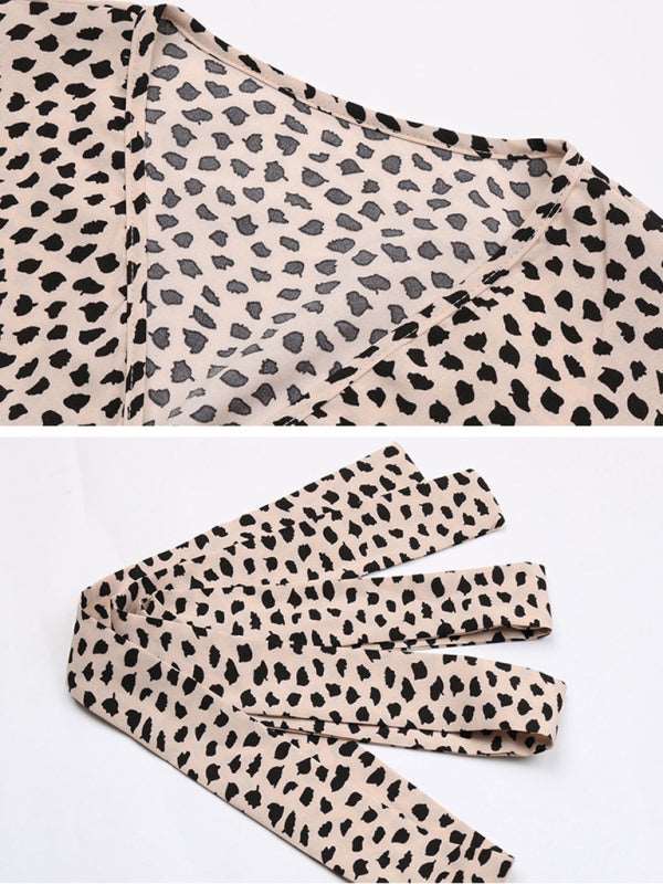 Women’s V-Neck Short Sleeve Leopard Print Midi Dress with Waist Tie S-2XL