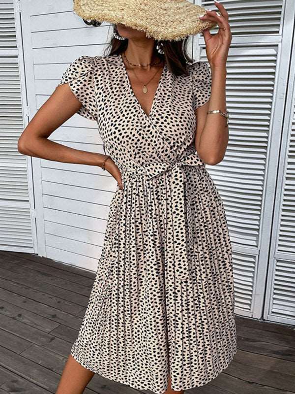 Women’s V-Neck Short Sleeve Leopard Print Midi Dress with Waist Tie S-2XL