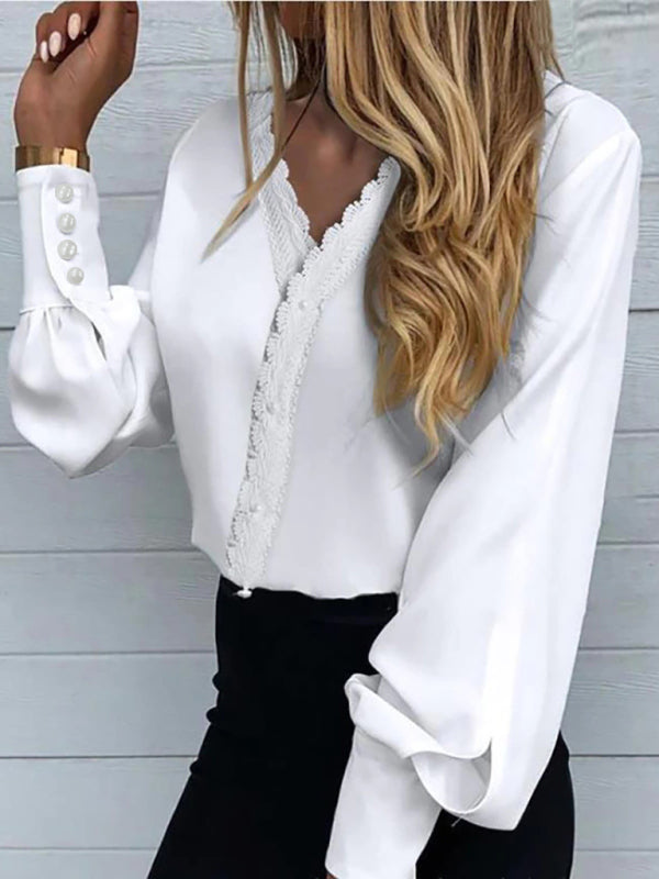 Women's Elegant V-Neck Long Sleeve Blouse with Lace Trim