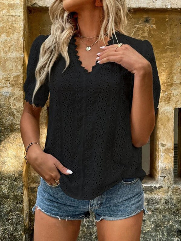 Women's V-Neck Short Sleeve Top with Lace Trim