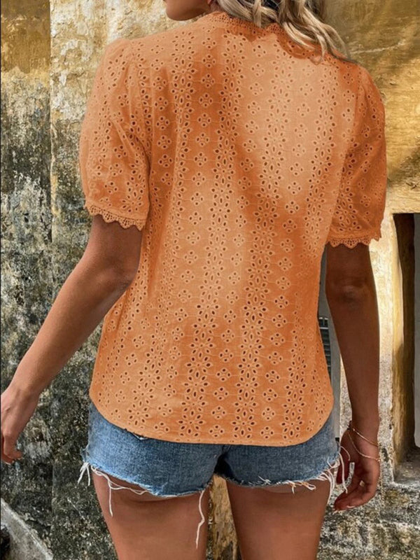 Women's V-Neck Short Sleeve Top with Lace Trim