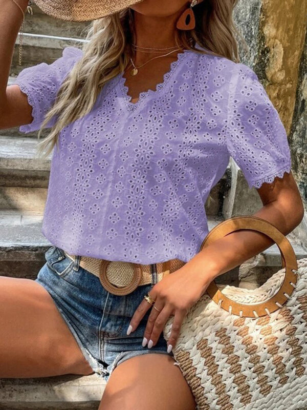 Women's V-Neck Short Sleeve Top with Lace Trim