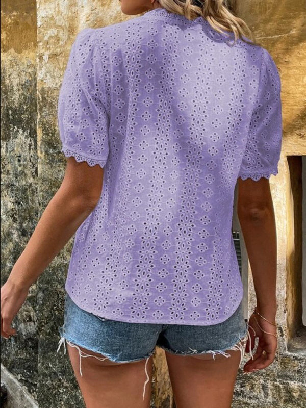 Women's V-Neck Short Sleeve Top with Lace Trim