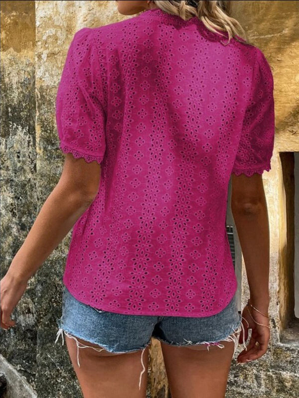 Women's V-Neck Short Sleeve Top with Lace Trim