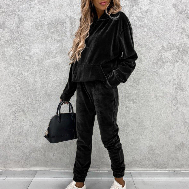 Women's Velvet Pants Set with Matching Hooded Pullover Top