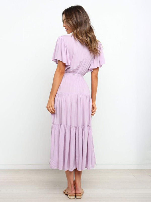 Women's Pale Violet Tiered Ruffled Midi Dress with Short Sleeves Size 4 - Wazzi's Wear