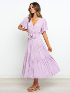 Women's Pale Violet Tiered Ruffled Midi Dress with Short Sleeves Size 4