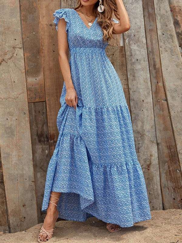 Women's Floral V-Neck Ruffled Maxi Dress with Short Sleeves in 4 Colors Sizes 2-12 - Wazzi's Wear