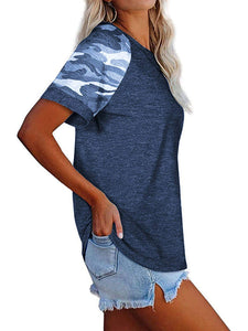 Women's Blue Camouflage Round Neck Short Sleeve Top Size 4