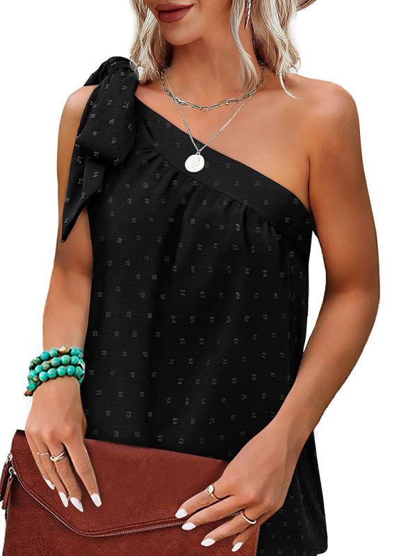 Women’s One Shoulder Sleeveless Top with Bow in 6 Colors S-XL