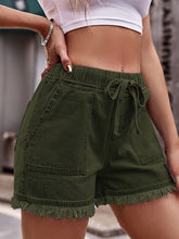 Load image into Gallery viewer, Women’s Drawstring Denim Shorts with Frayed Hem and Pockets Size 8