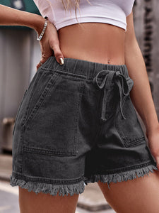 Women’s Drawstring Denim Shorts with Frayed Hem and Pockets Size 8