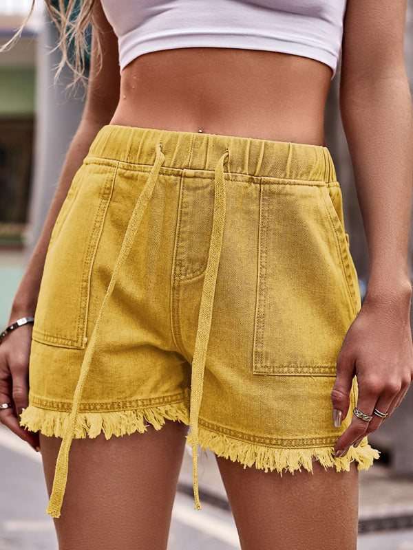 Women’s Solid Drawstring Shorts with Frayed Hem and Pockets in 13 Colors Sizes 4-18 - Wazzi's Wear