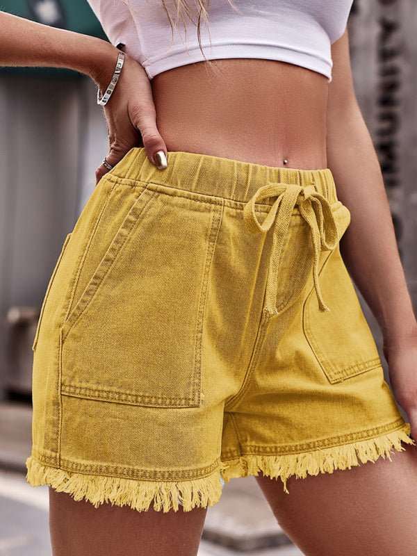 Women’s Solid Drawstring Shorts with Frayed Hem and Pockets in 13 Colors Sizes 4-18 - Wazzi's Wear