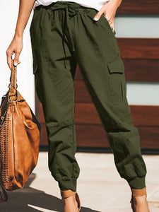 Women's Solid Cargo Pants with Drawstring and Pockets in 3 Colors Sizes 4-18 - Wazzi's Wear