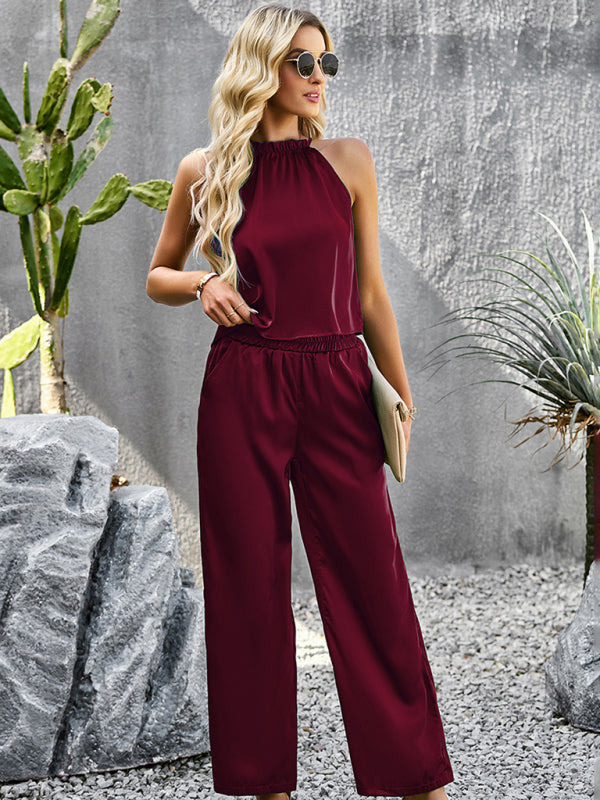 Conjunto elegante de top con cuello halter y pantalones anchos a juego para mujer en 3 colores S-XL