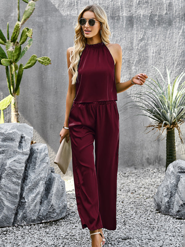 Women’s Elegant Halter Neck Top with Matching Wide Leg Pants Set in 3 Colors S-XL