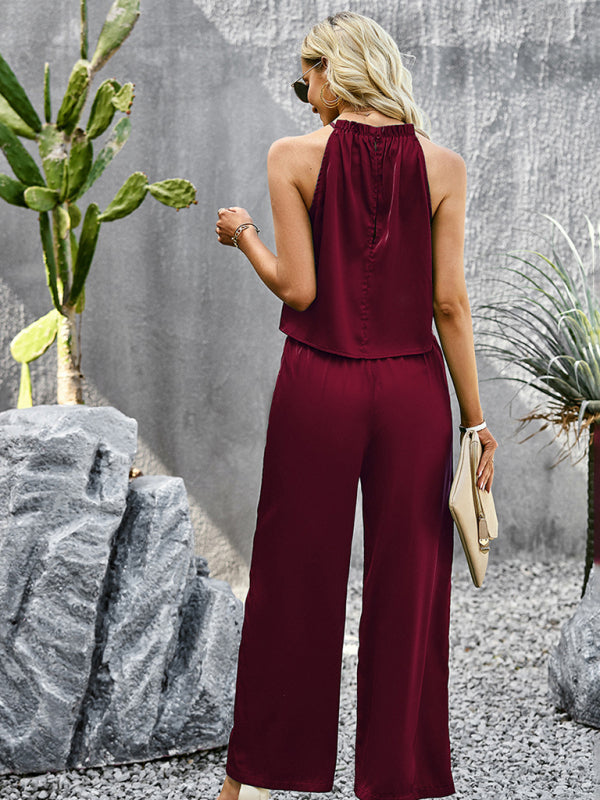 Women’s Elegant Halter Neck Top with Matching Wide Leg Pants Set in 3 Colors S-XL