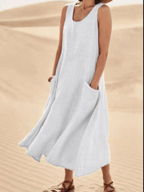 Women's White Sleeveless Round Neck Cotton Linen Dress with Pockets Size 10 - Wazzi's Wear