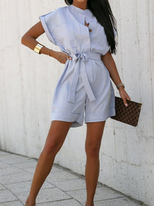 Women's Short Sleeve Solid Romper with Pockets and Waist Tie in 2 Colors Sizes 4-12
