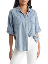 Load image into Gallery viewer, Women&#39;s Distressed Denim Short Sleeve Buttoned Shirt Bust 57
