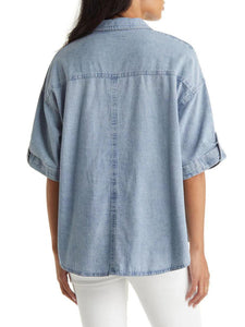 Women's Distressed Denim Short Sleeve Buttoned Shirt Bust 57