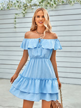 Load image into Gallery viewer, Women’s Solid Off-the-Shoulder Ruffled Dress Large Clear Blue
