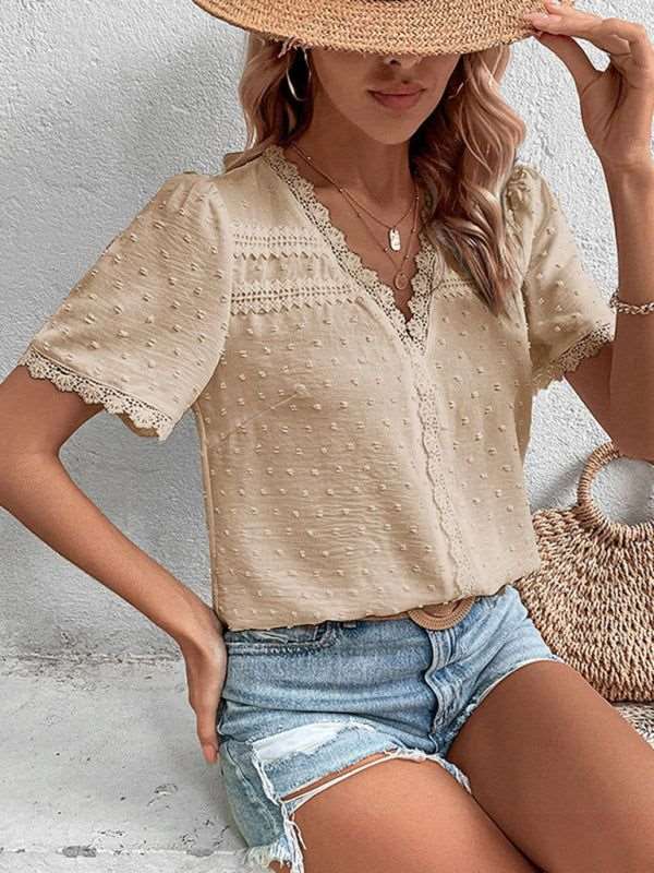 Women’s V-Neck Short Sleeve Top with Lace Trim in 6 Colors S-XL