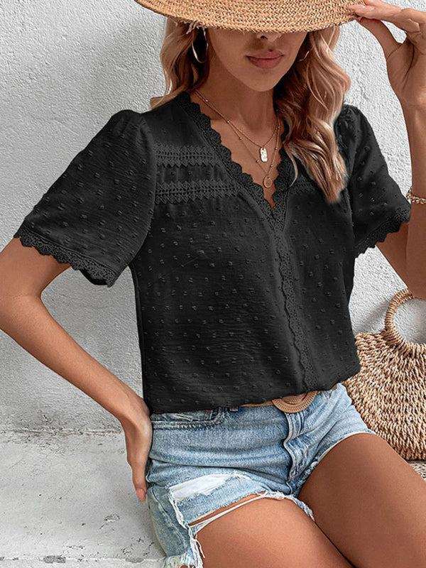 Women’s V-Neck Short Sleeve Top with Lace Trim in 6 Colors S-XL