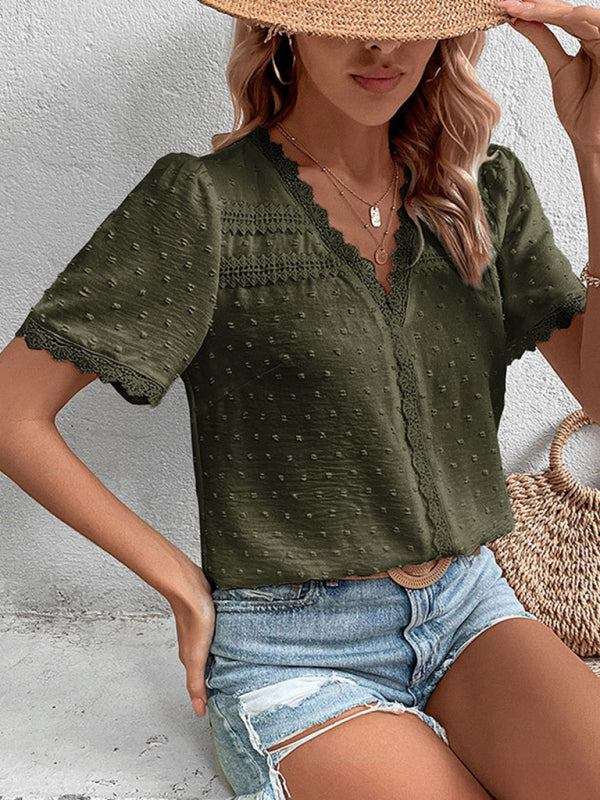 Women’s V-Neck Short Sleeve Top with Lace Trim in 6 Colors S-XL