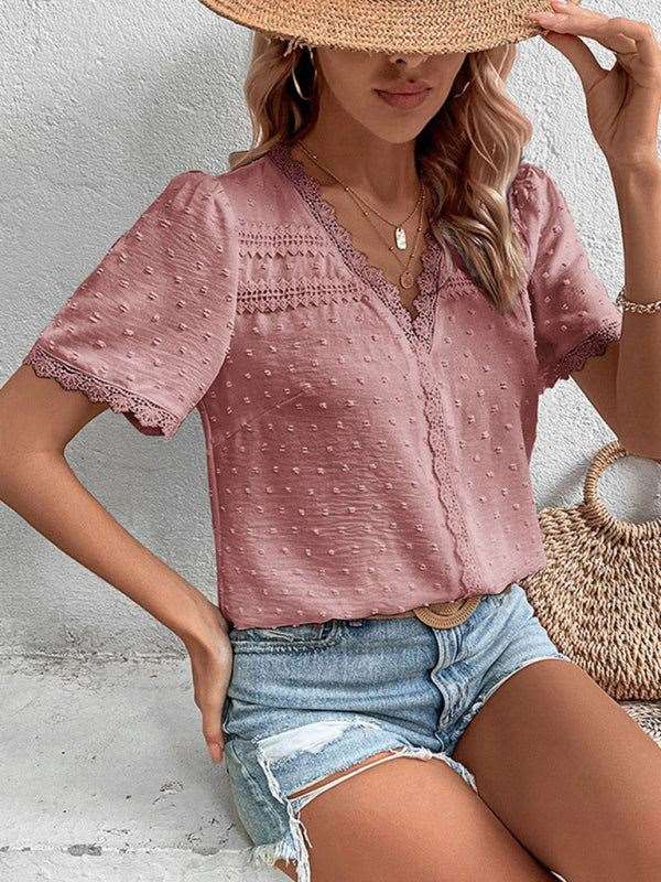 Women’s V-Neck Short Sleeve Top with Lace Trim in 6 Colors S-XL