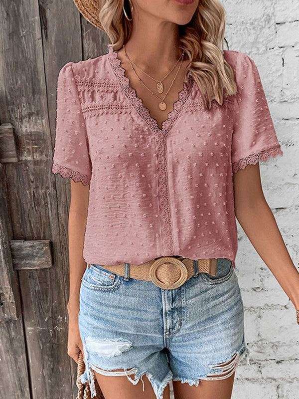 Women’s V-Neck Short Sleeve Top with Lace Trim in 6 Colors S-XL