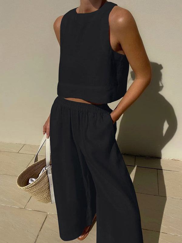 Casual loose solid color sleeveless shirt trousers two-piece set for spring-summer.