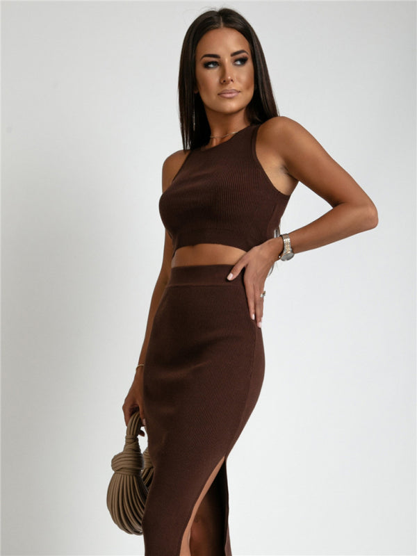 Women’s Cropped Knit Tank Top with Matching Midi Skirt Two-Piece Set in 4 Colors S-3XL