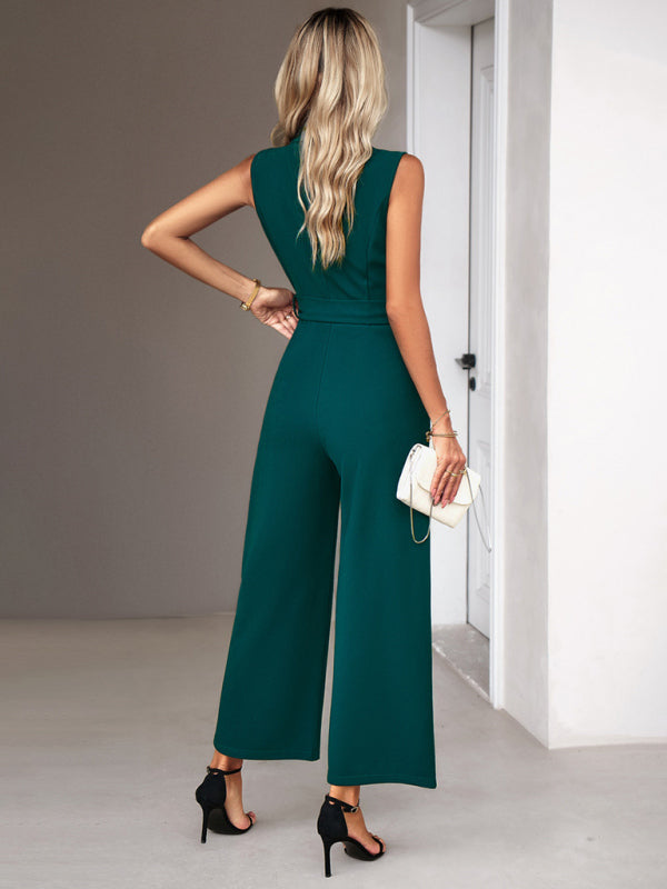 Women’s Elegant Sleeveless Wide Leg Jumpsuit with Waist Tie