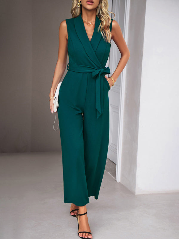 Women’s Elegant Sleeveless Wide Leg Jumpsuit with Waist Tie