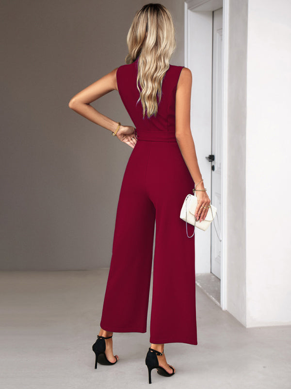 Women’s Elegant Sleeveless Wide Leg Jumpsuit with Waist Tie