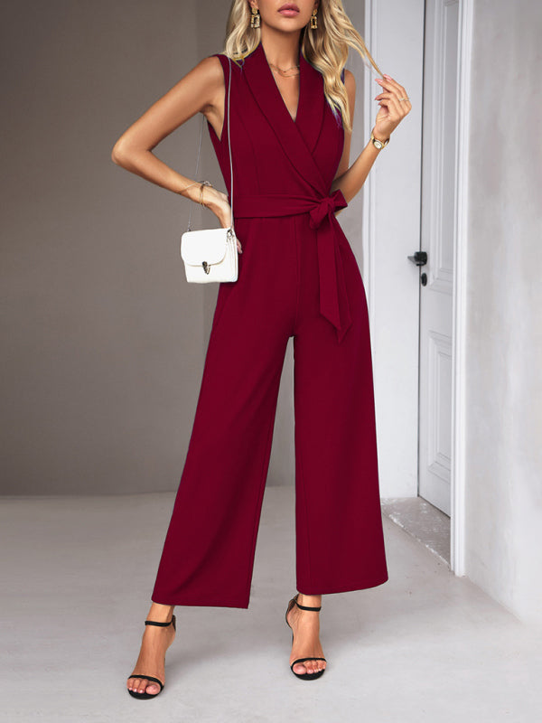 Women’s Elegant Sleeveless Wide Leg Jumpsuit with Waist Tie