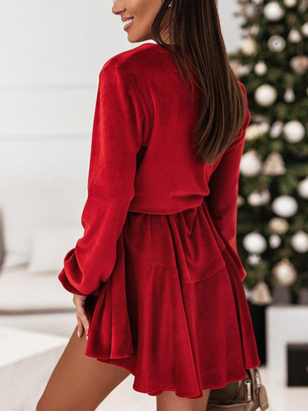 Women’s V-Neck Long Sleeve Velvet Mini Dress