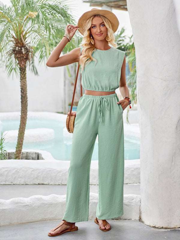 Women’s Cropped Sleeveless Top with Matching Wide Leg Pants in 3 Colors S-XL