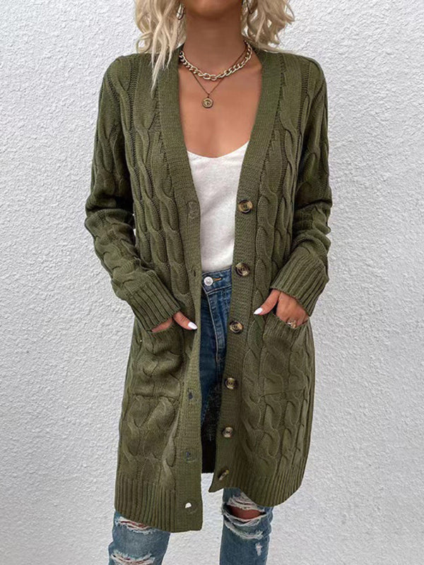 Women’s V-Neck Button-Up Long Cardigan with Pockets